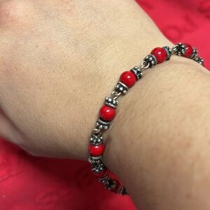 Vintage dainty silver tone  and red beads bracelet 7.5”